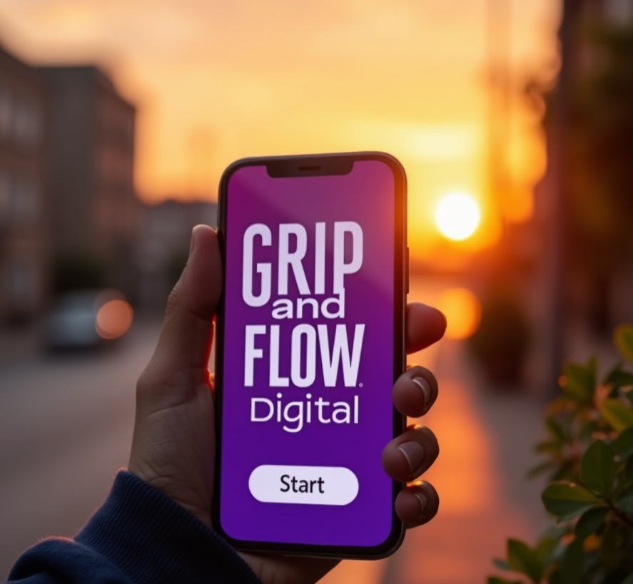 Hand holding smartphone displaying Grip and Flow Digital mobile app at sunset