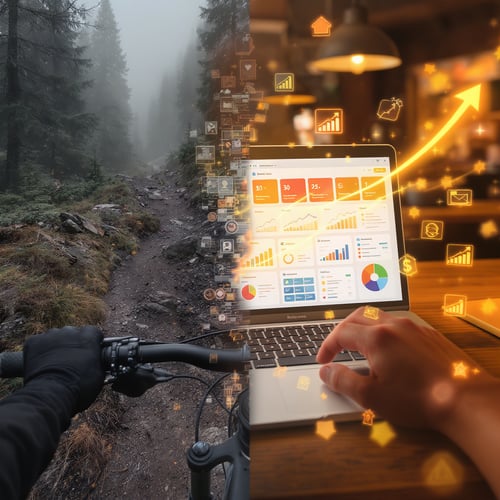 First-person view from mountain bike handlebars riding a on foggy forest trail in the PNW fusing with a laptop showing marketing analytics